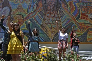 UCSD Mechistas cheer as they unveil the new mosaic