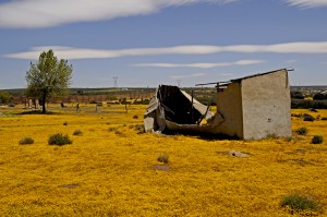 Crumbling abandoned home just east of Tecate, Baja California, up against the border wall